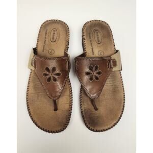 Dr. Scholls Women's Brown Leather Floral Thong Flip Flop Sandal Shoes Size US 7